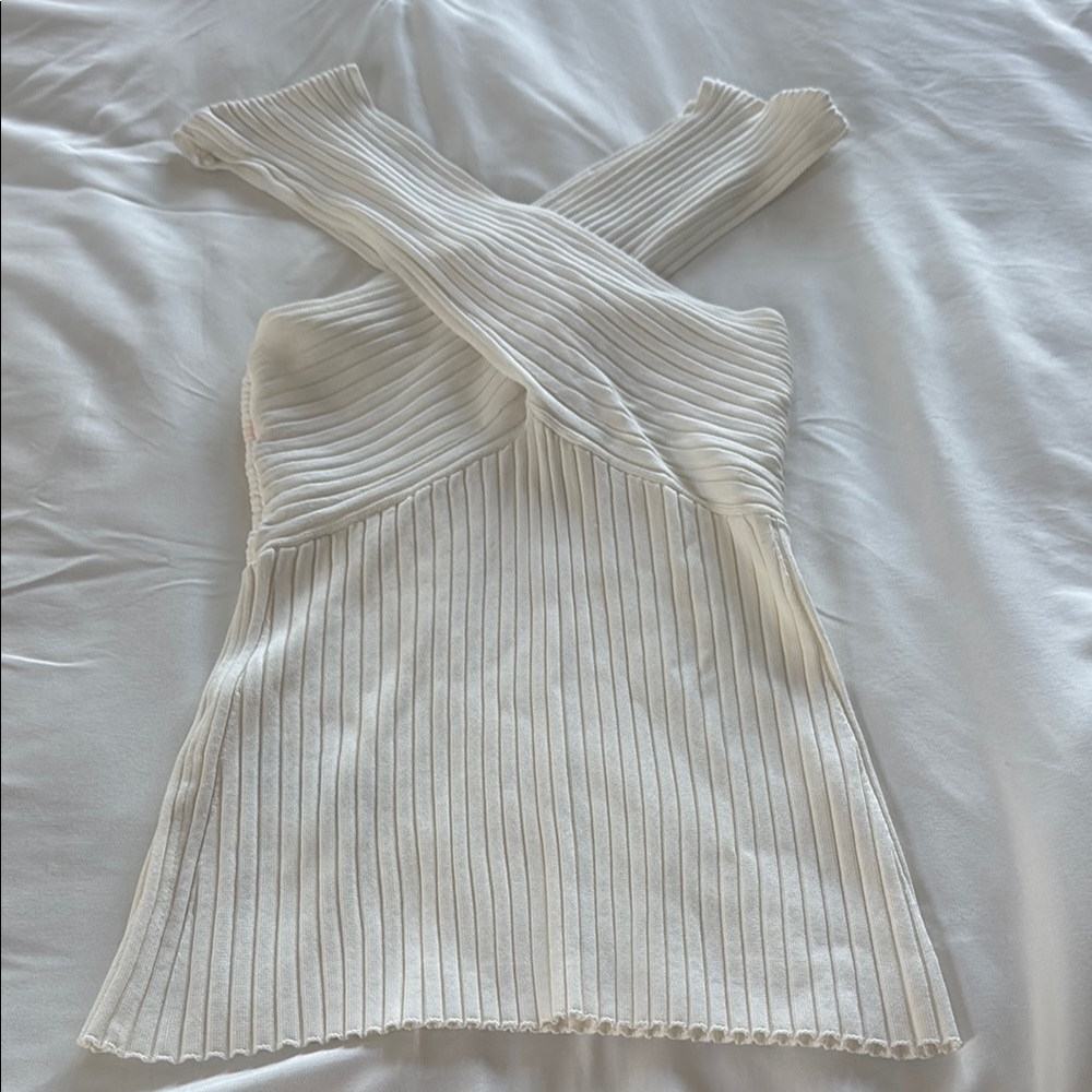BCBGMaxAzria Cream Ribbed Halter Cocktail Dress